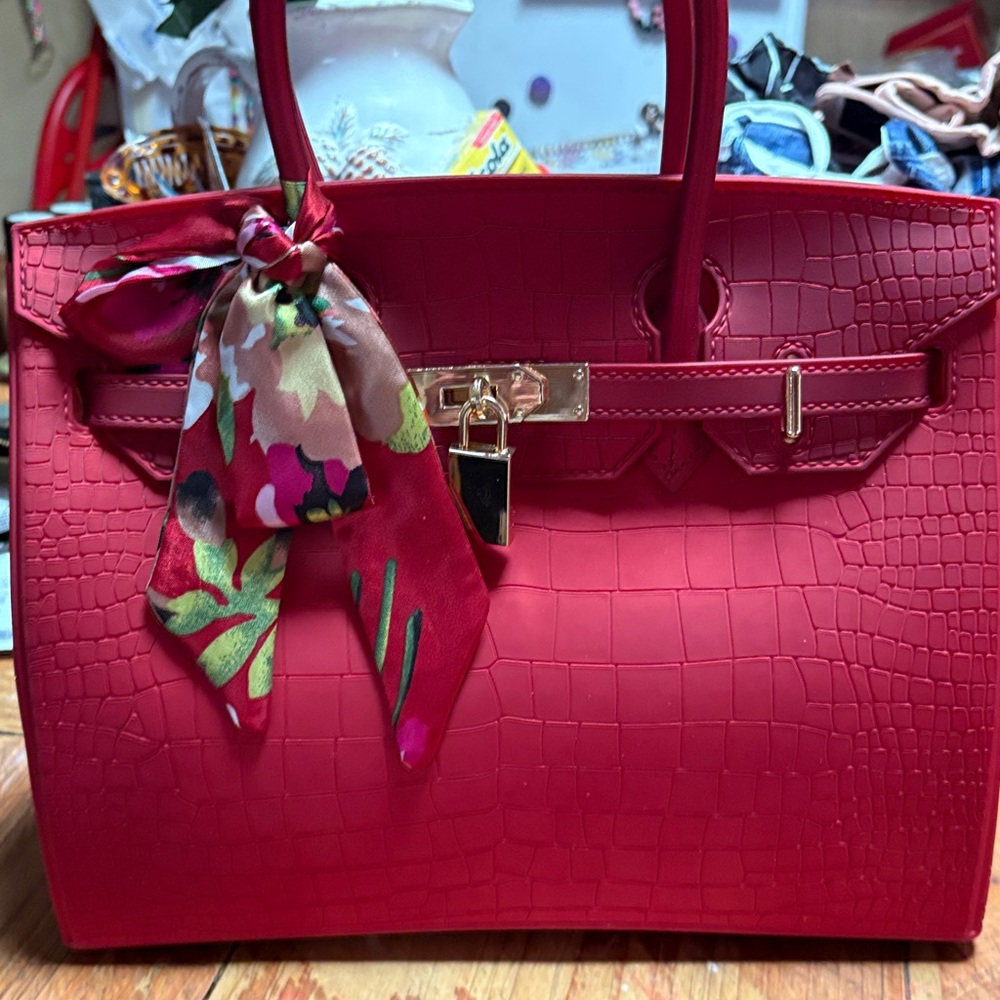 Red Faux-Croc Satchel Tote with Decorative Scarf Accent